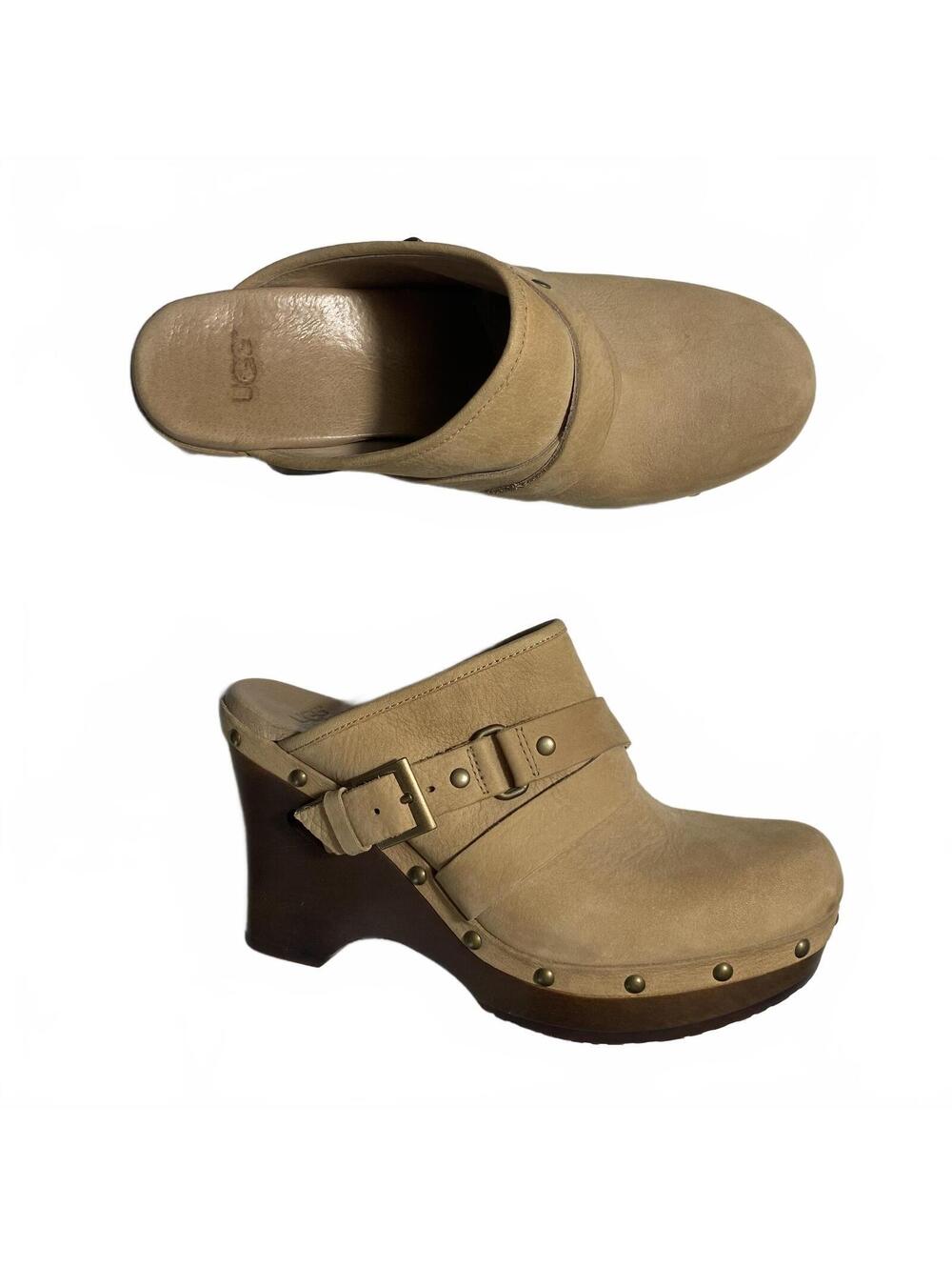UGG Leather Clog Mules Tan Shearling Lined Platform Heels Size 8 Boho Chic